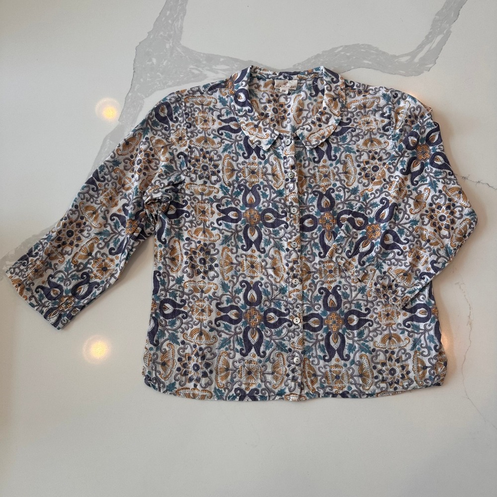 Anokhi 100% Cotton Block Print Paisley Button Down Blouse XS Blue Yellow